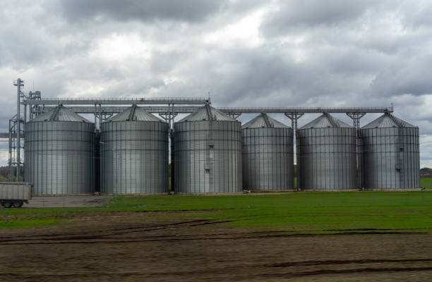 A modern granary in a field in a suburb of Vilnius in early spring. A modern granary in a field in a suburb of Vilnius in early spring.