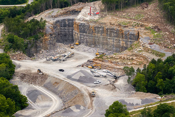Aerial view of open pit mining site of limestone materials extraction for construction industry.